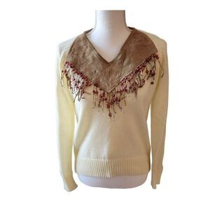 Vintage Miller 70's Off White Knit Suede Fringe Sweater Beaded Boho Western